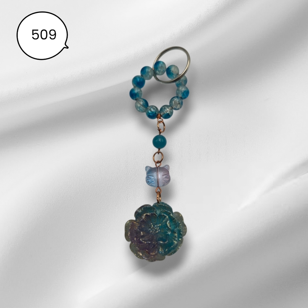 Handmade Blue Beaded Keychain with Cat Charm & Sparkle Flower